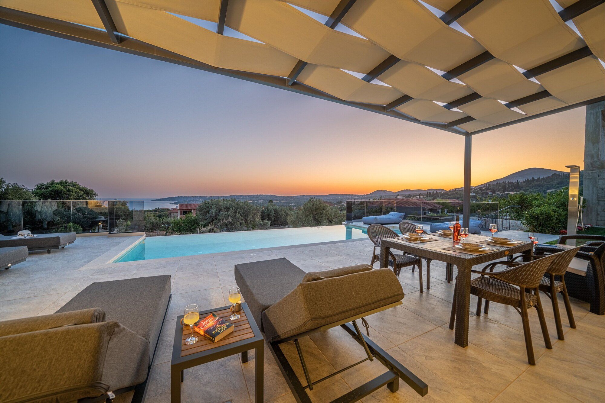 Modern fiberglass pool with outdoor living area